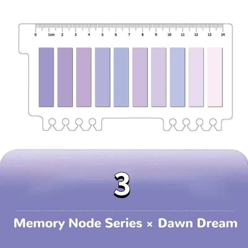 Bentopop  color swatch of sticky notes with purple shades and text 'Memory Node Series x Dawn Dream' on a white background