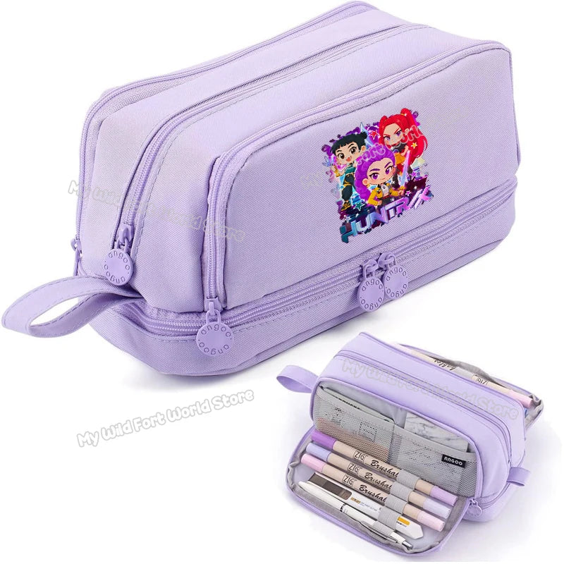 Bentopop purple pencil case with KPOP Demon Hunters characters and open view showing stationery items on a white background