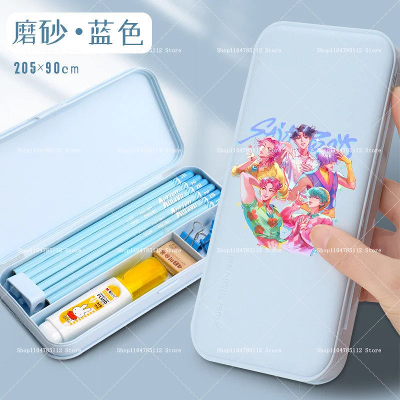 Bentopop blue pencil case with a colorful Kpop Demon Hunters illustration on a white background