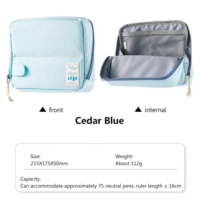 Light blue travel organizer with front and internal views, showing capacity and dimensions.