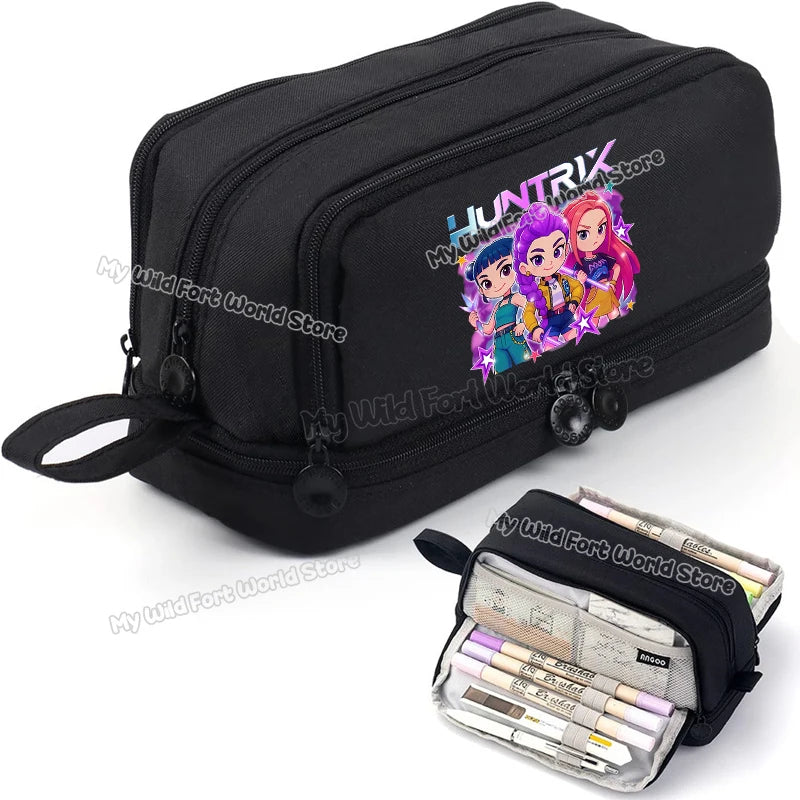 Bentopop black pencil case with KPOP Demon Hunters design and stationery items on a white background