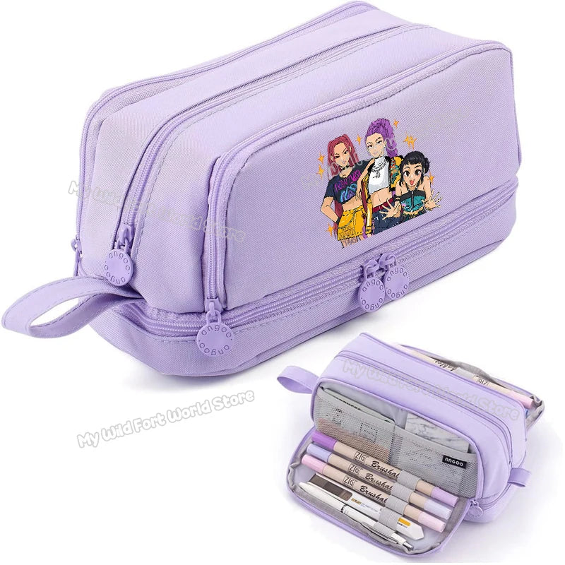 Bentopop purple pencil case with KPOP Demon Hunters characters and stationery items on a white background