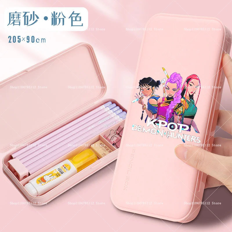 Bentopop pink pencil case with 'KPOP Demon Hunters' design on a pink background