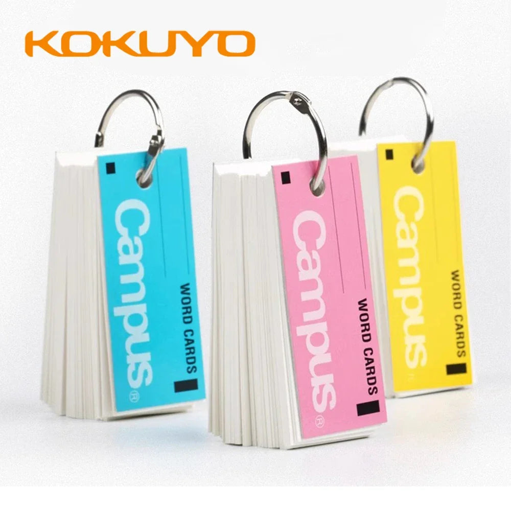 Kokuyo Campus word cards in blue, pink, and yellow on a white background