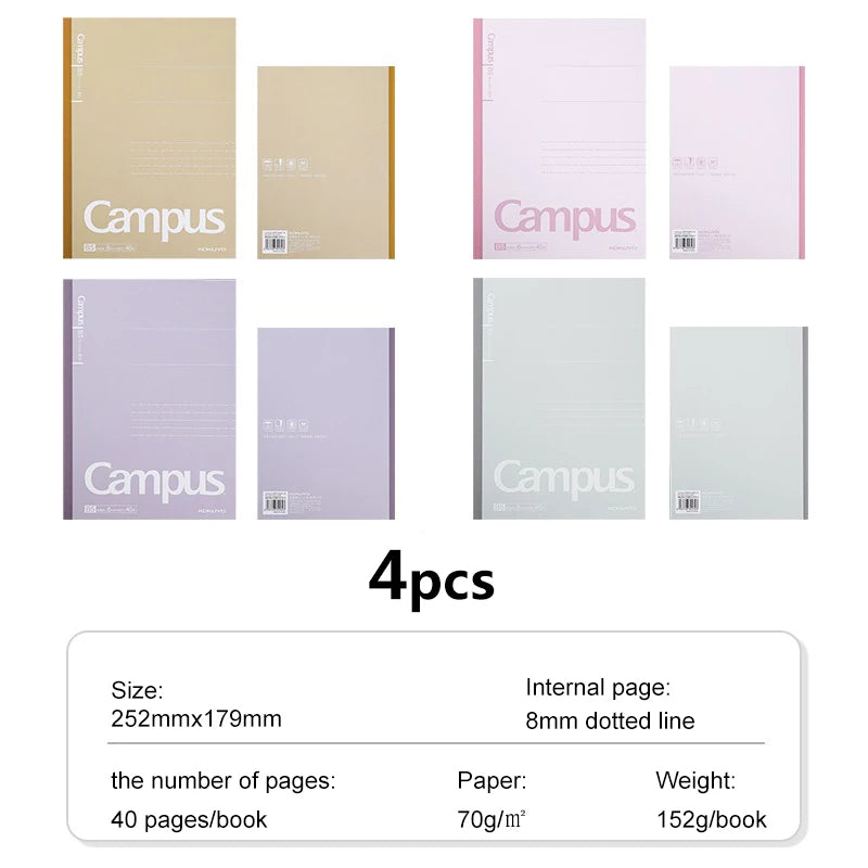Set of four 'Campus' notebooks in different colors with product details.