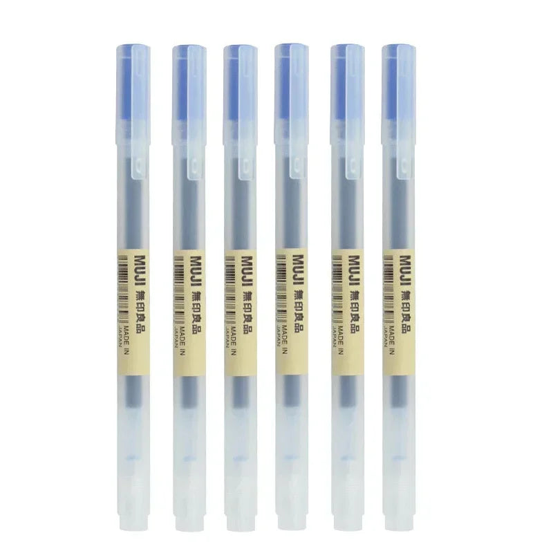 Five MUJI gel ink pens on a white background