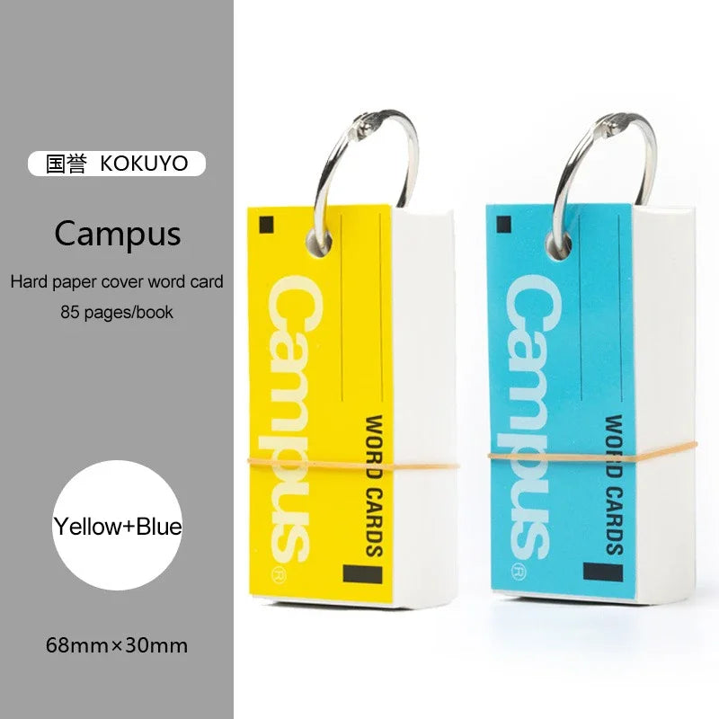 Two 'Campus' word card books in yellow and blue with a ring on top, on a white background.