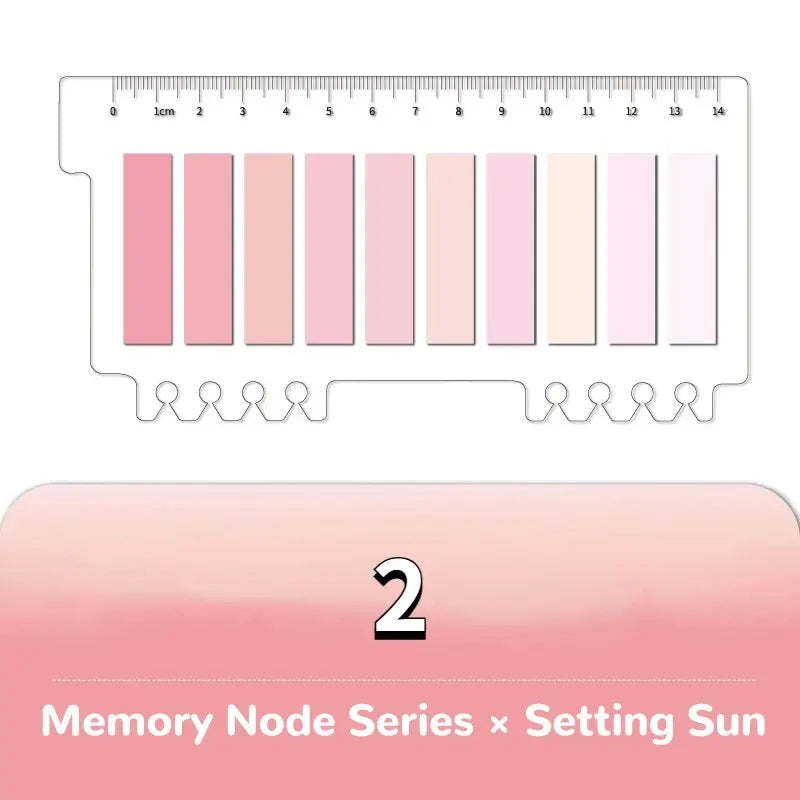 Bentopop  color swatch card of sticky notes with pink and beige shades and a ruler, labeled 'Memory Node Series x Setting Sun'.