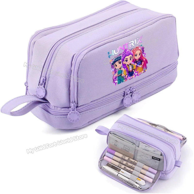 Bentopop purple pencil case with KPOP Demon Hunters characters and stationery items on a white background