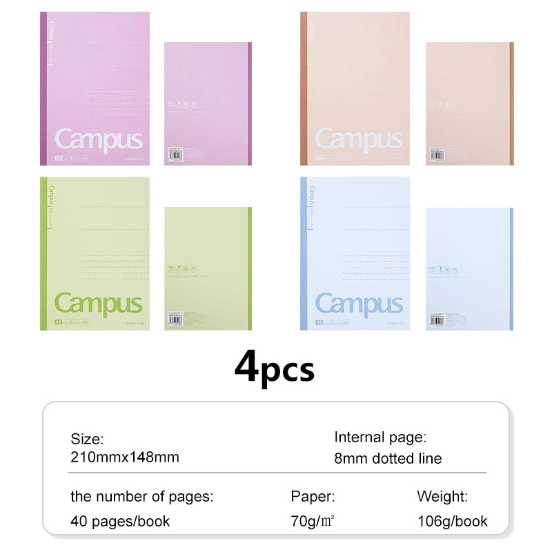 Set of four colorful notebooks labeled 'Campus' with product details on a white background.