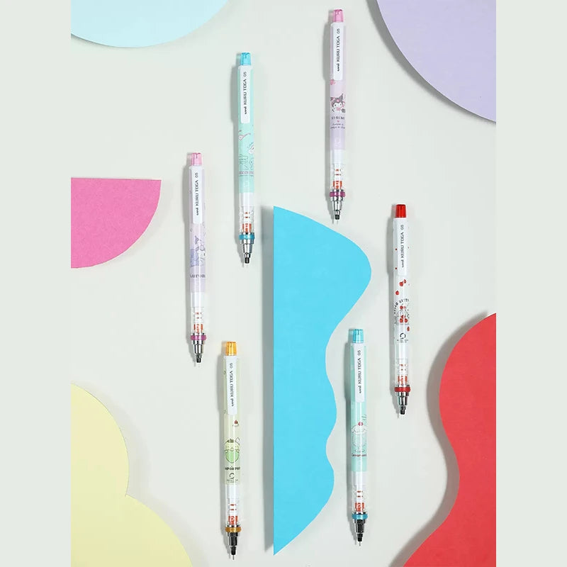 Set of colorful UNI mechanical pencils on a abstract geometric background
