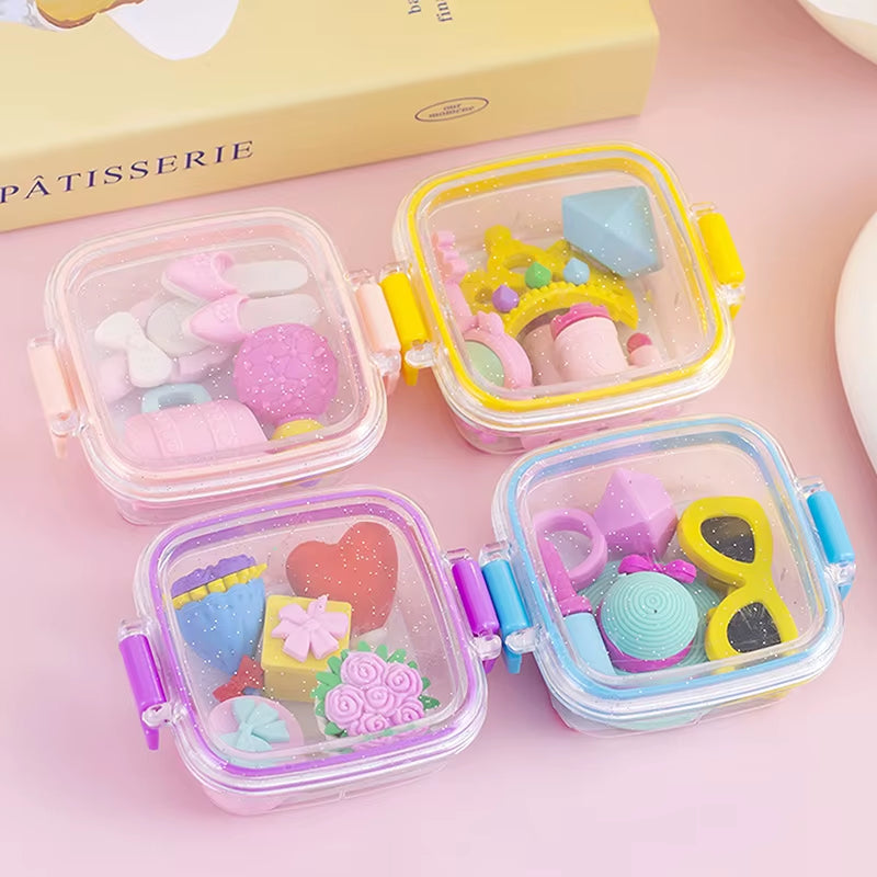 Random 1Pc Lunch Box Eraser Set Lovely Eraser Soft Pencil Eraser School Students Stationery Supplies Exquisite Prize Gifts